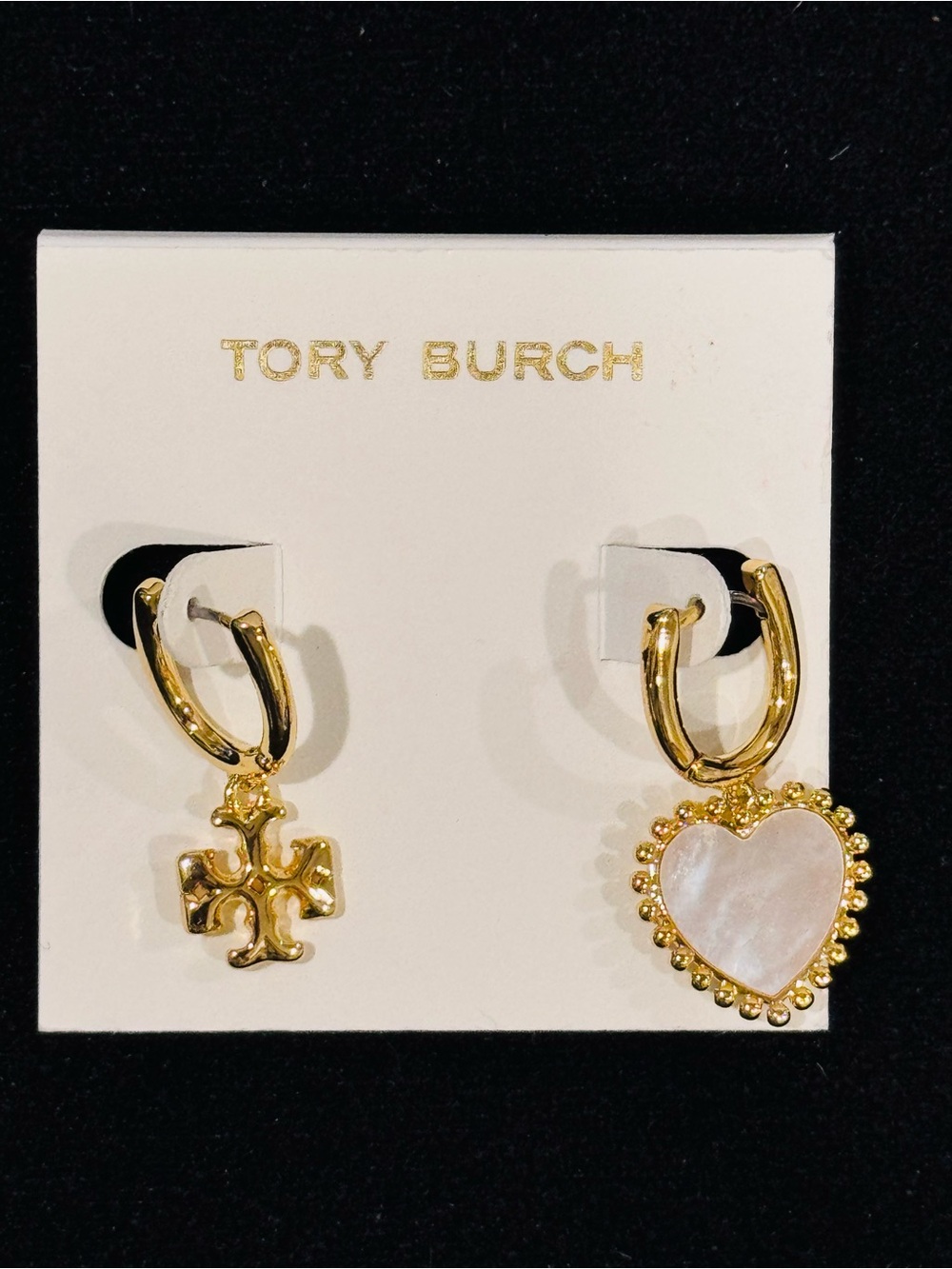 Tory Burch Gold Hoop Earrings with Mother-of-Pearl Heart & Gold Logo Cross